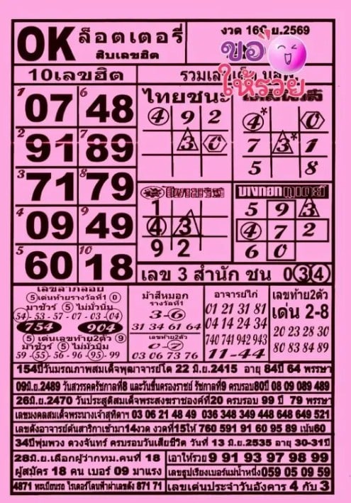 หวย ok ล็อตเตอรี่ 16/6/69