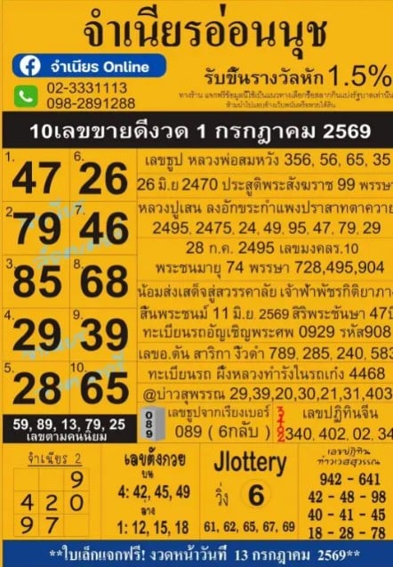 หวยแม่จำเนียรอ่อนนุช 1/7/69