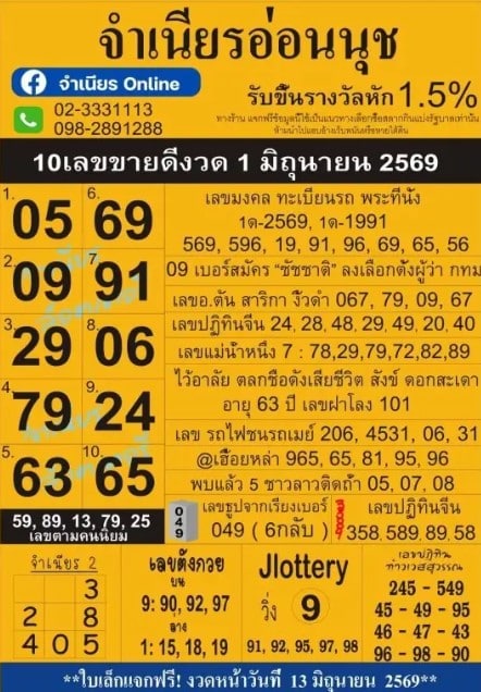 หวยแม่จำเนียรอ่อนนุช 16/6/69