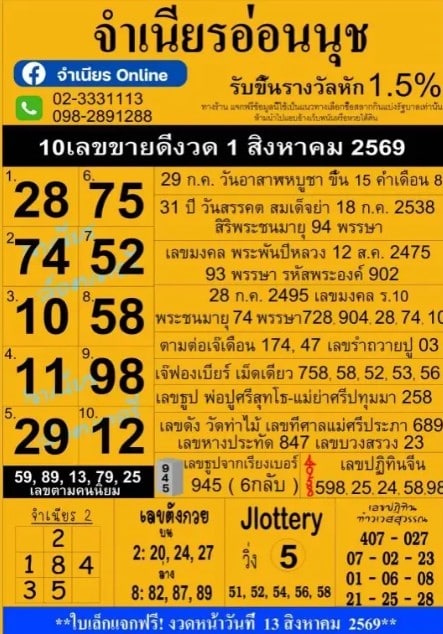 หวยแม่จำเนียรอ่อนนุช 1/8/69