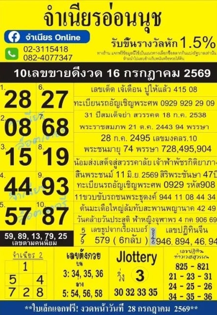 หวยแม่จำเนียรอ่อนนุช 16/7/69