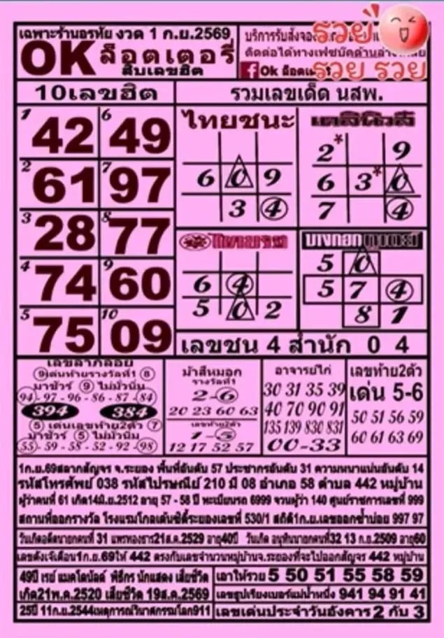 หวย ok ล็อตเตอรี่ 1/9/69
