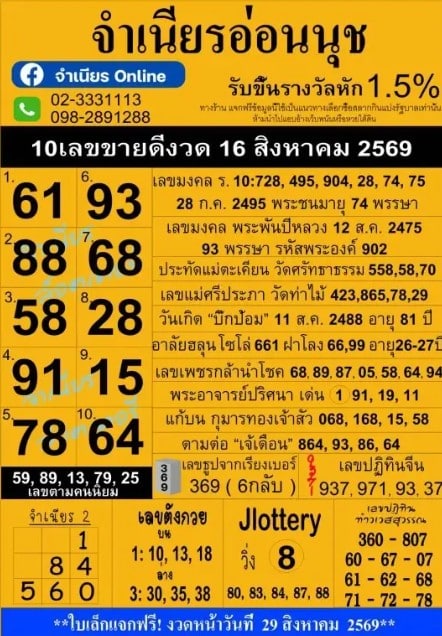 หวยแม่จำเนียรอ่อนนุช 16/8/69